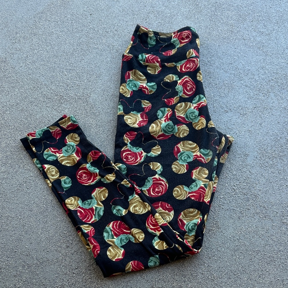 LuLaRoe Disney Minnie Mouse Rose Print Leggings Black Red Gold Teal OS